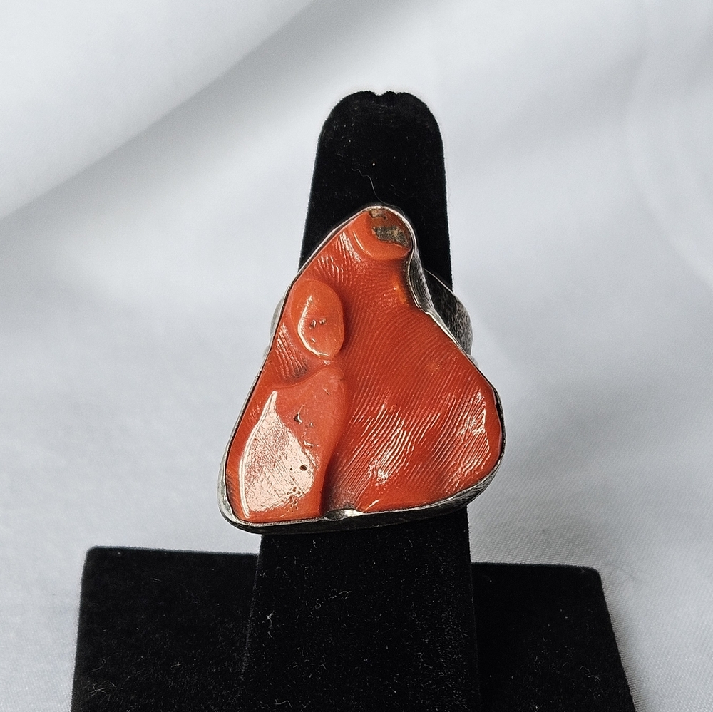 EUC Vintage Native American .99 Silver Coral Ring Artisan Signed Sz 7